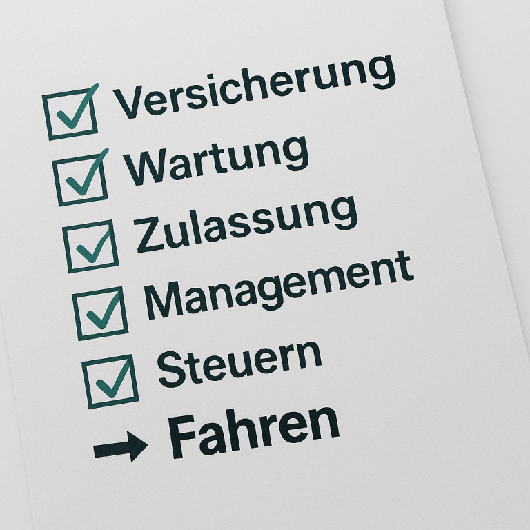 Checkliste für Fahrzeugmanagement: Versicherung, Wartung, Zulassung, Management, Steuern, Fahren.